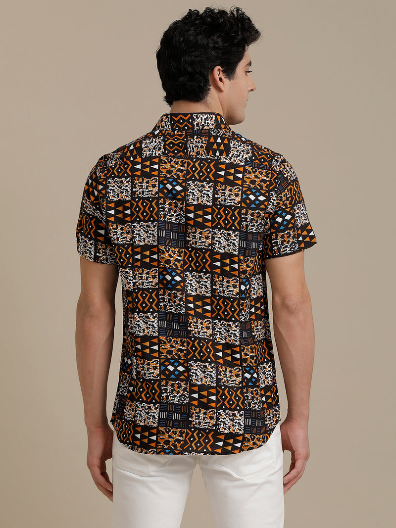 Brown Printed Checks Short Sleeve Shirt