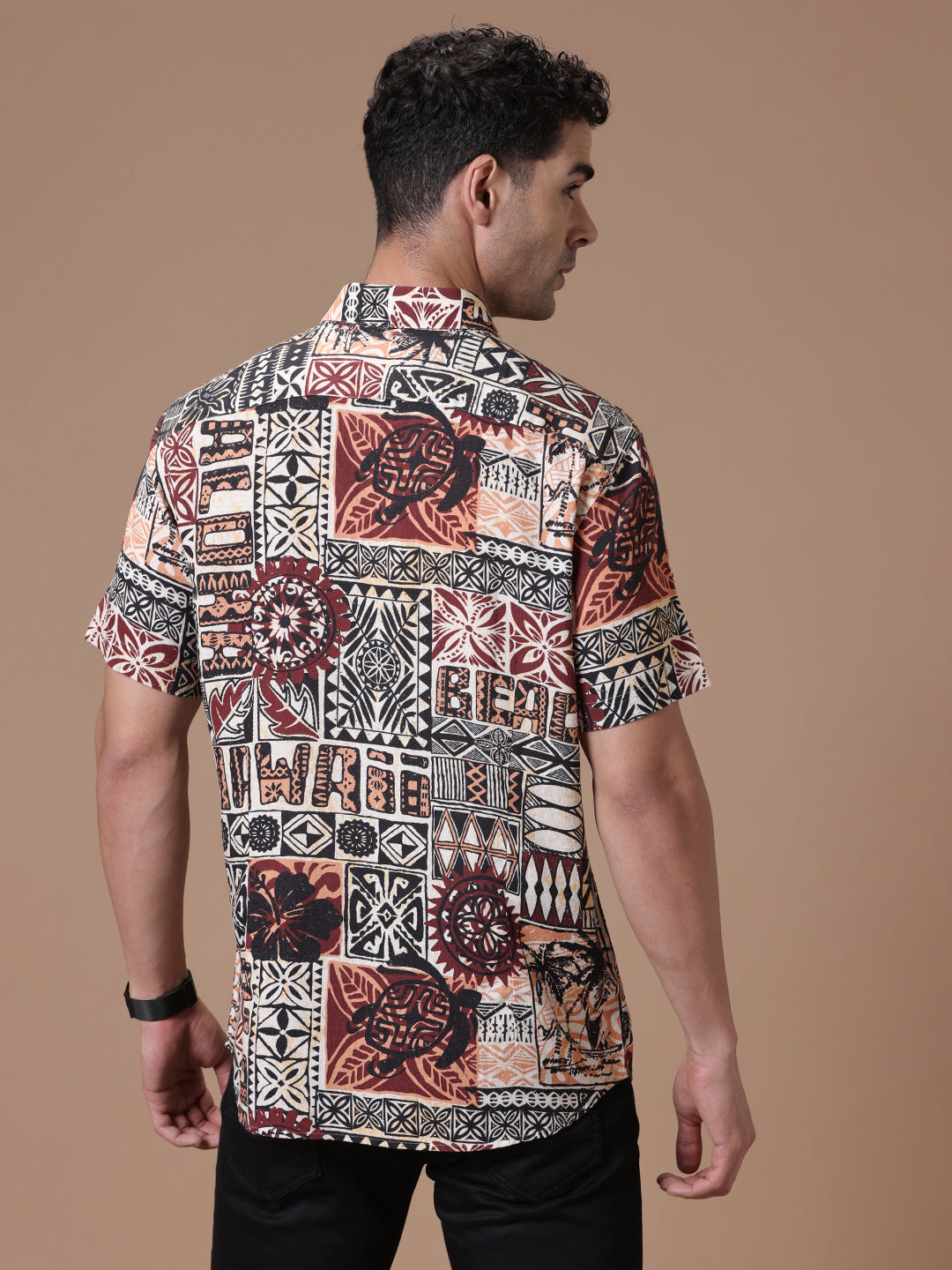 Comfort fit Printed Rust Smart casual Tencel Linen Half sleeve Shirt (VESPA)