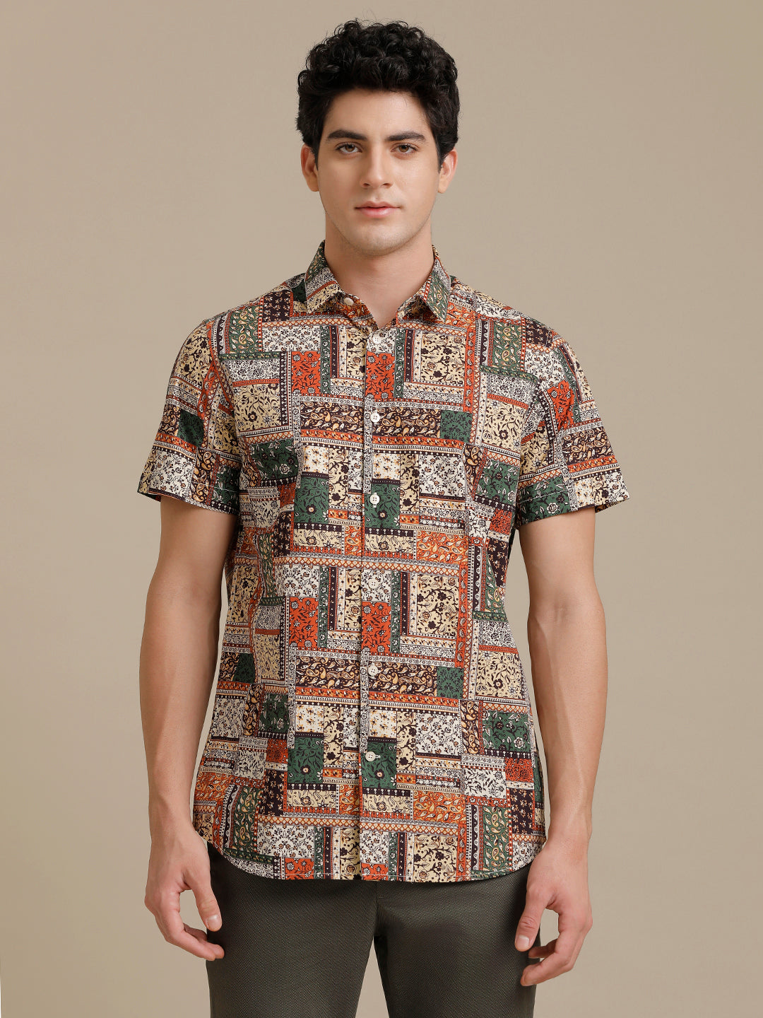 Orange Green Block Print Short Sleeve Shirt