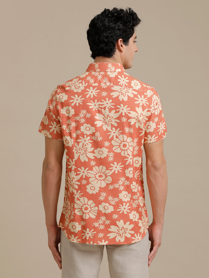 Orange Flower Print Short Sleeve Shirt