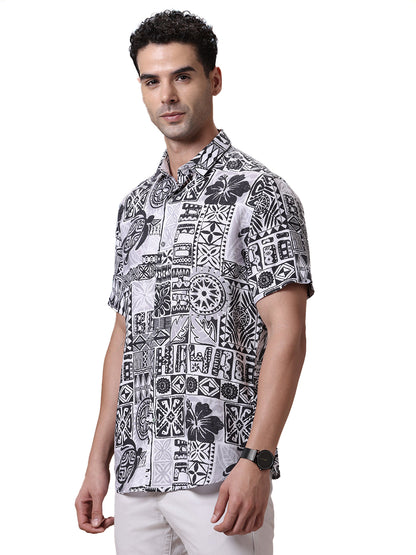 Comfort fit Printed Grey Smart casual Tencel Linen Half sleeve Shirt