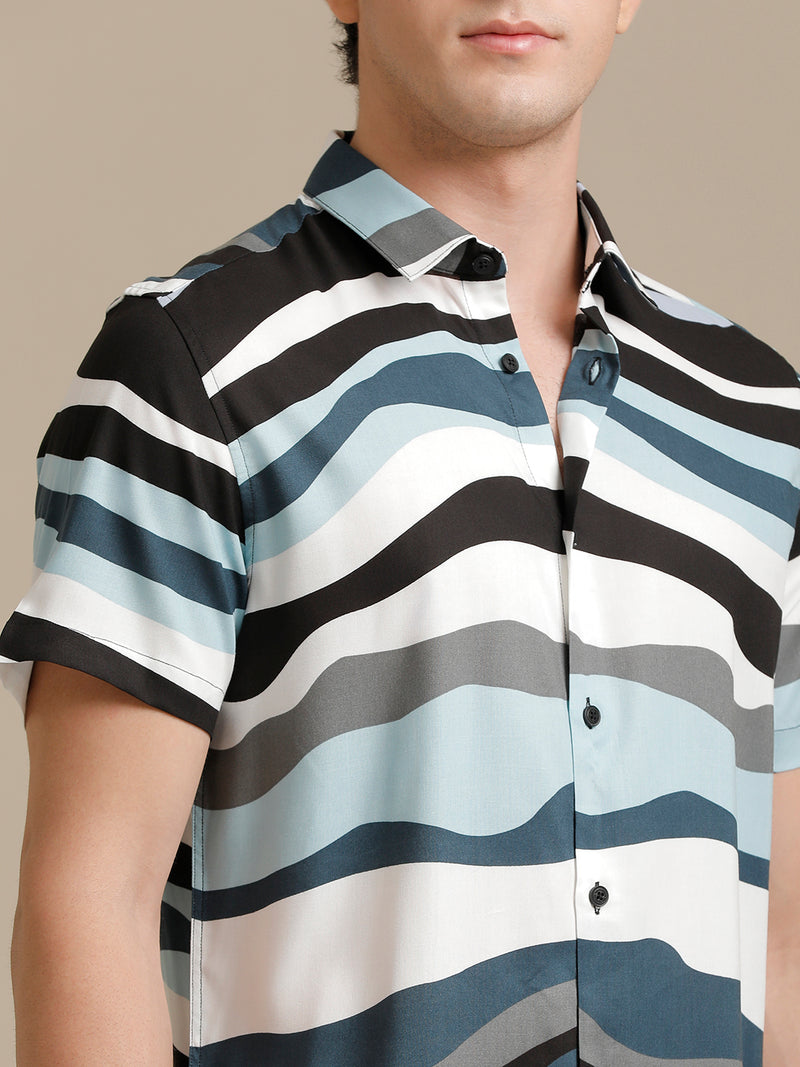 Black Waves Print Short Sleeve Shirt