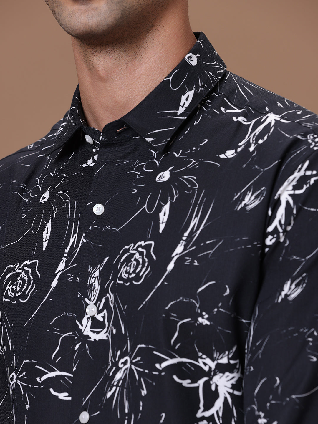 Comfort fit Cotton Viscose Printed Black Smart casual Full sleeve Shirt (HOZHO)