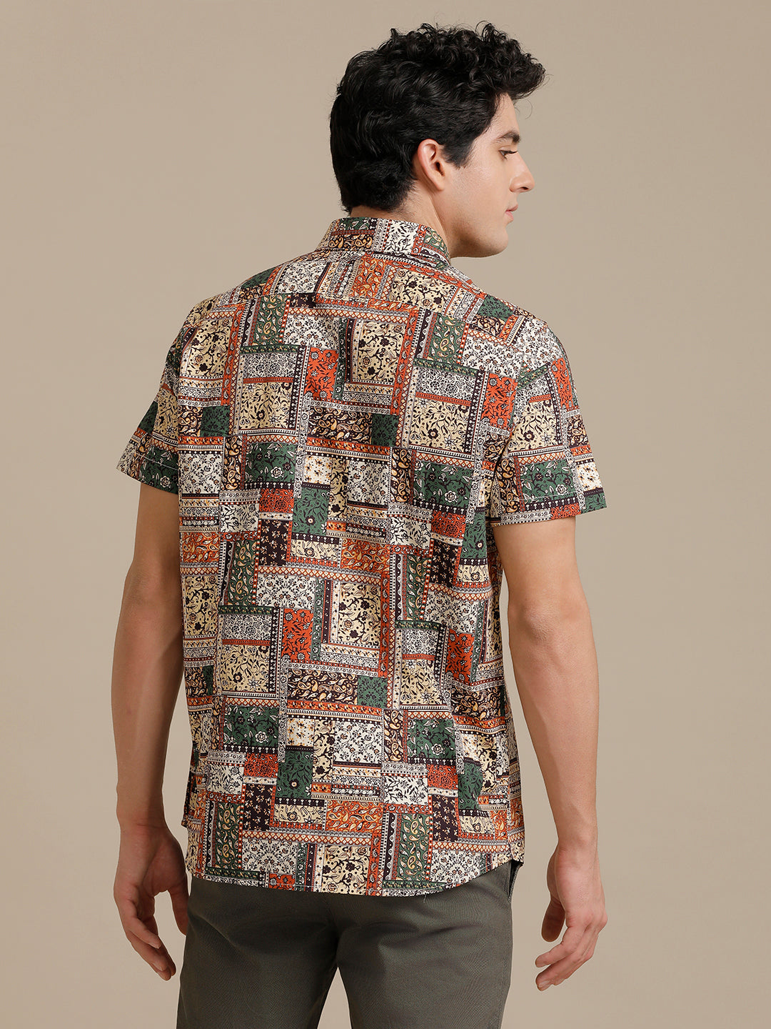 Orange Green Block Print Short Sleeve Shirt