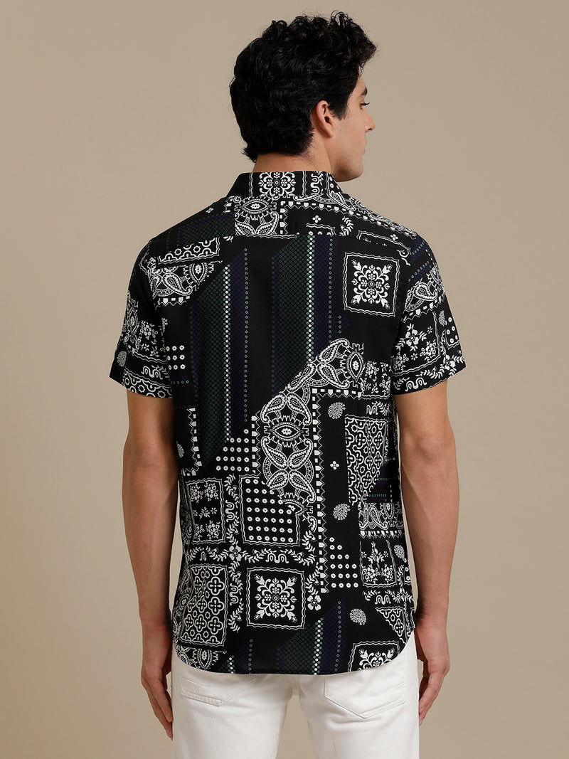 White On Black Print Short Sleeve Shirt