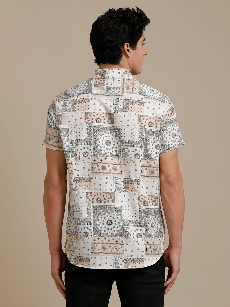 Beige White Block Print Short Sleeve Shirt