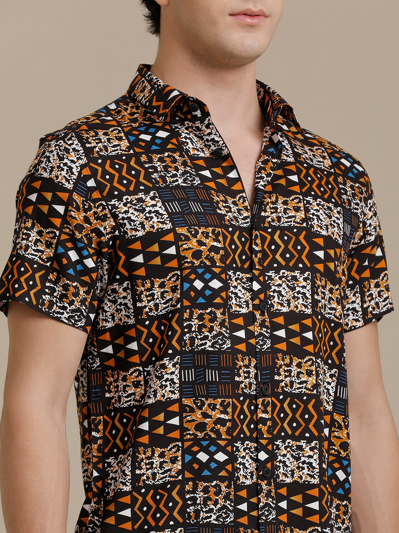Brown Printed Checks Short Sleeve Shirt