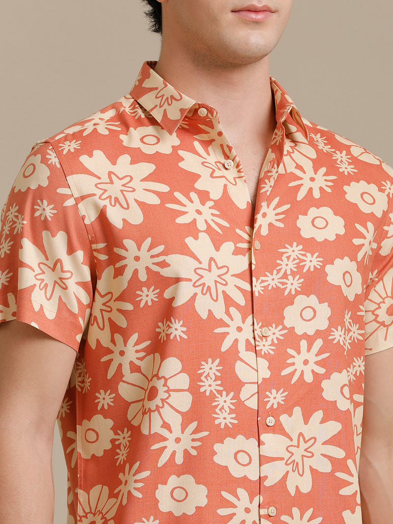 Orange Flower Print Short Sleeve Shirt