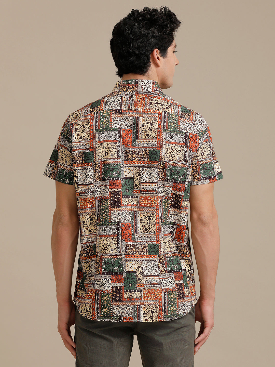 Orange Green Block Print Short Sleeve Shirt