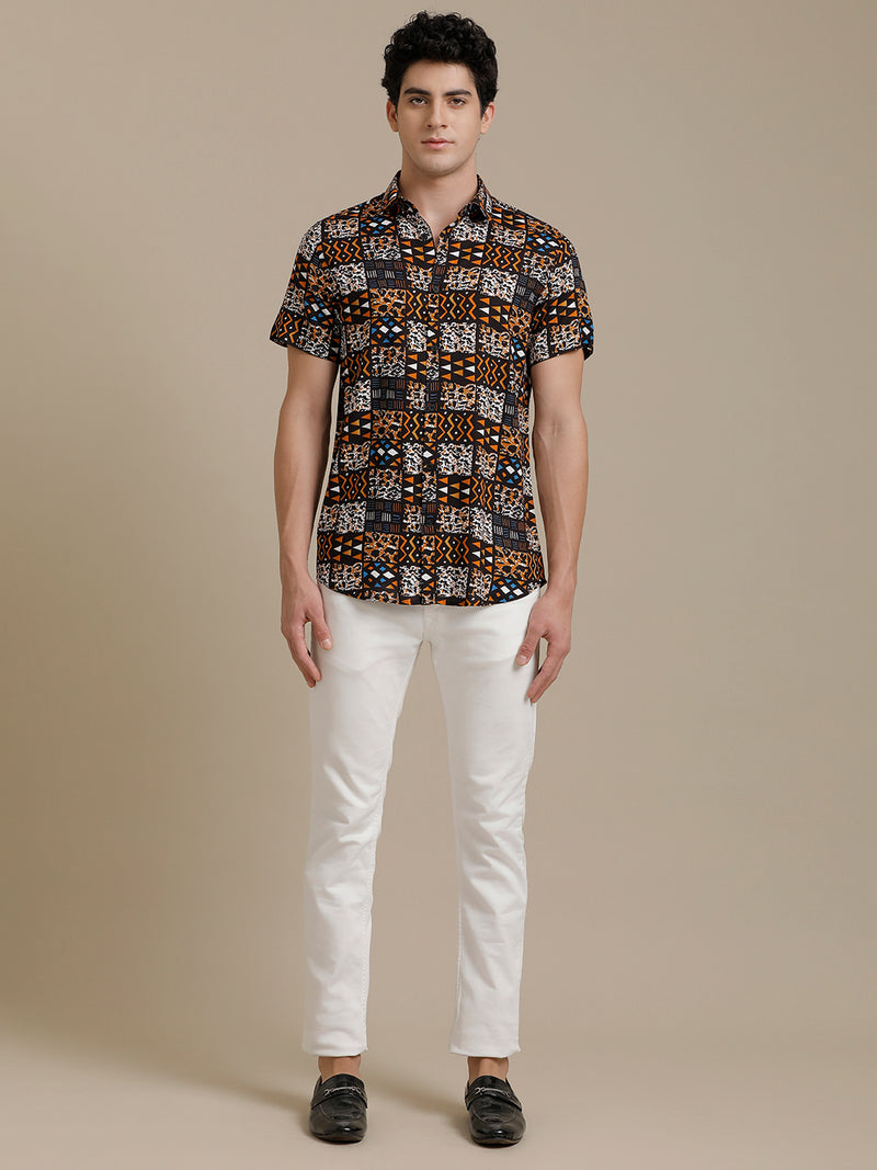 Brown Printed Checks Short Sleeve Shirt