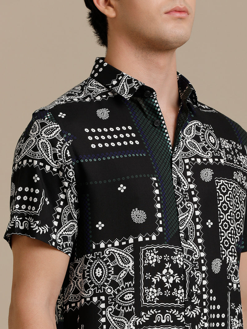 White On Black Print Short Sleeve Shirt