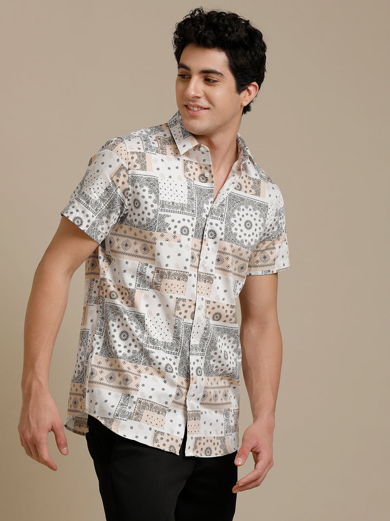 Beige White Block Print Short Sleeve Shirt