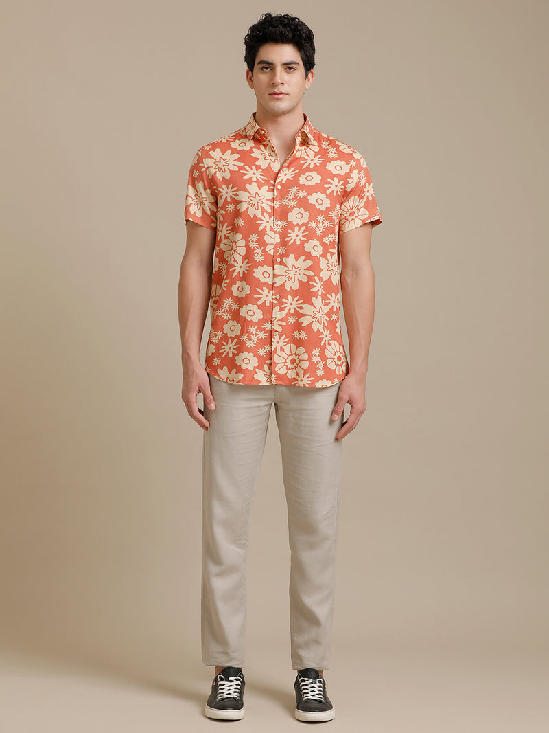 Orange Flower Print Short Sleeve Shirt