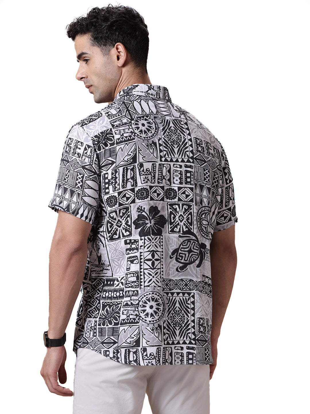 Comfort fit Printed Grey Smart casual Tencel Linen Half sleeve Shirt