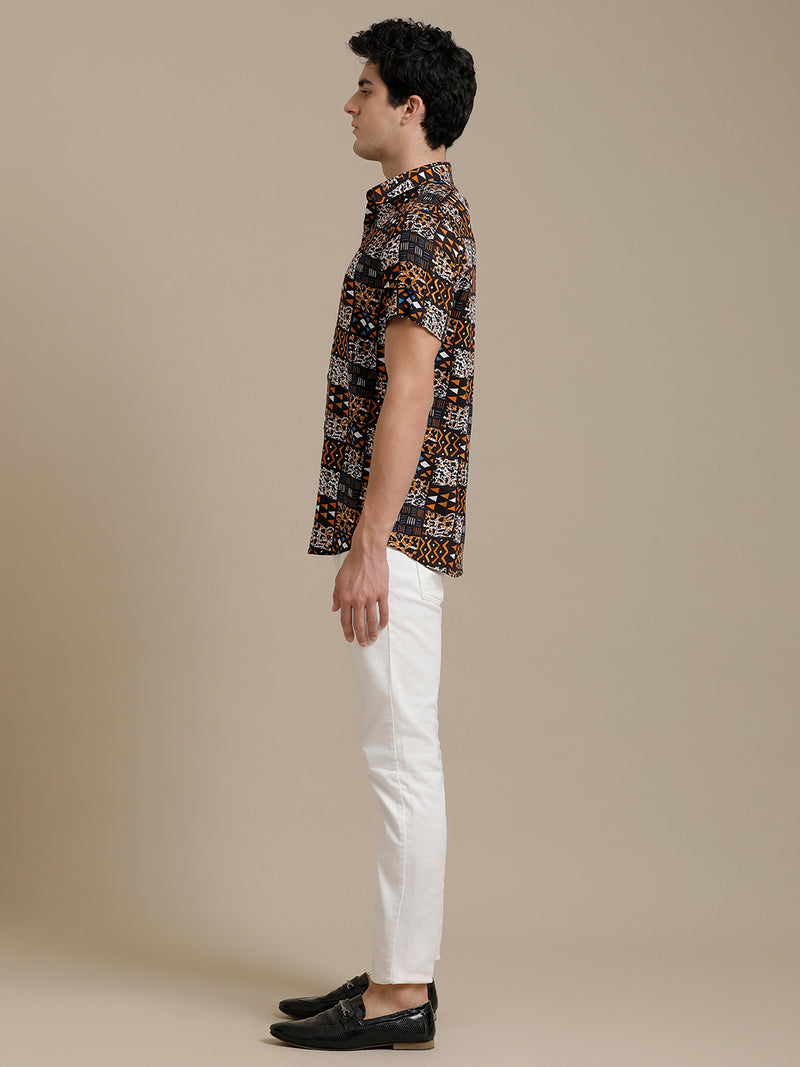 Brown Printed Checks Short Sleeve Shirt