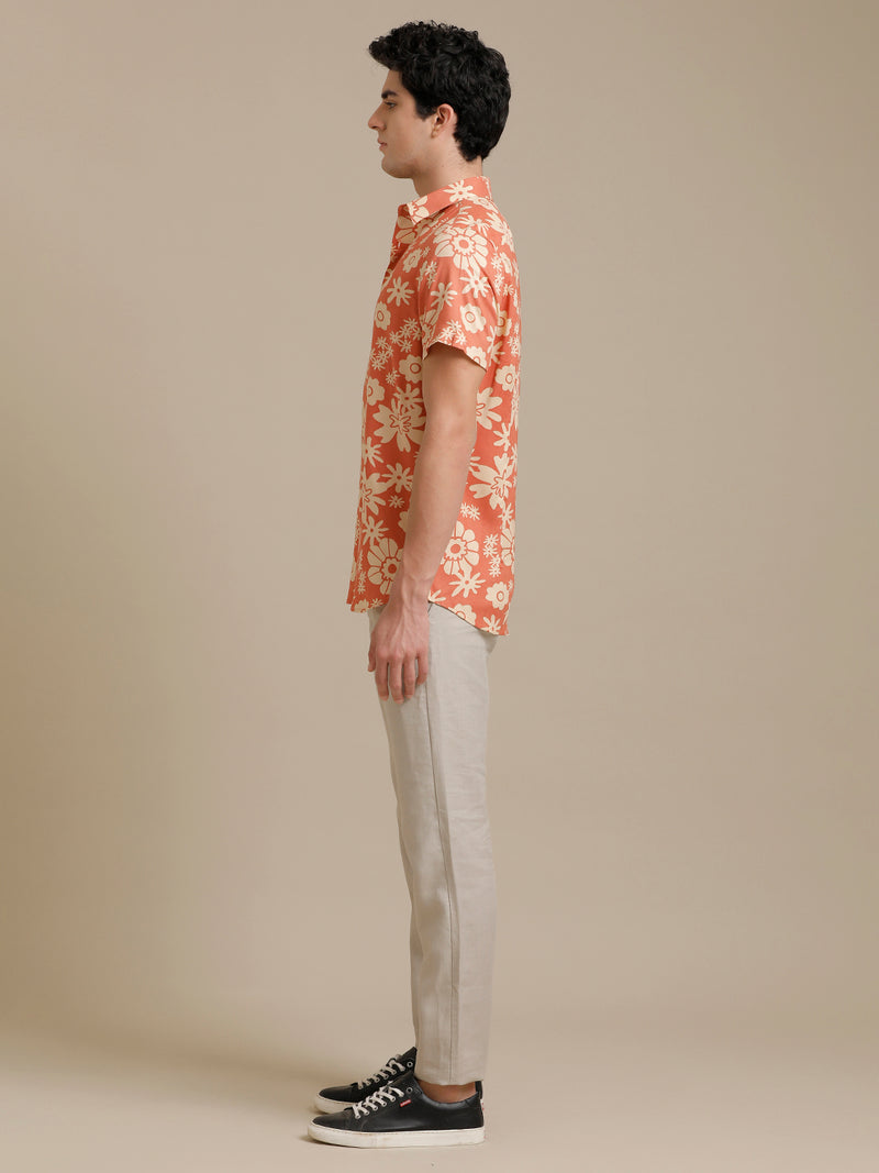Orange Flower Print Short Sleeve Shirt