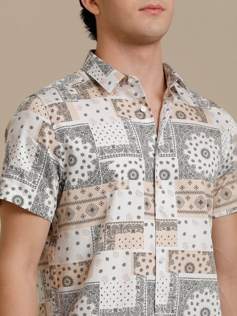 Beige White Block Print Short Sleeve Shirt