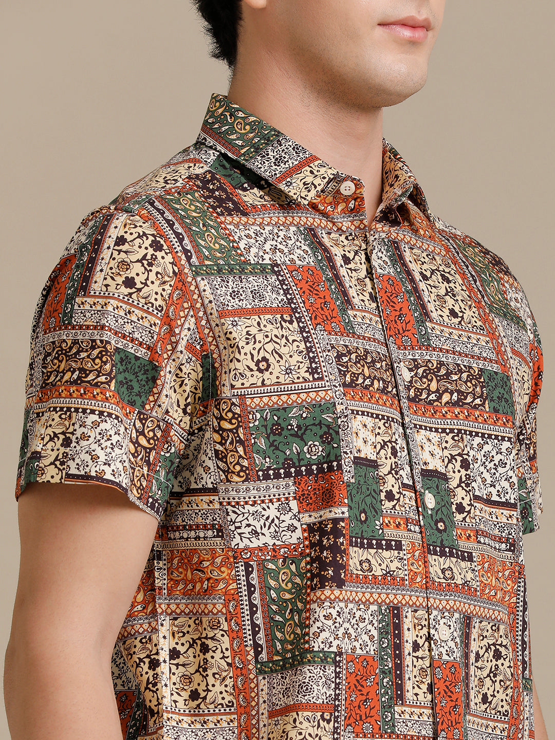 Orange Green Block Print Short Sleeve Shirt