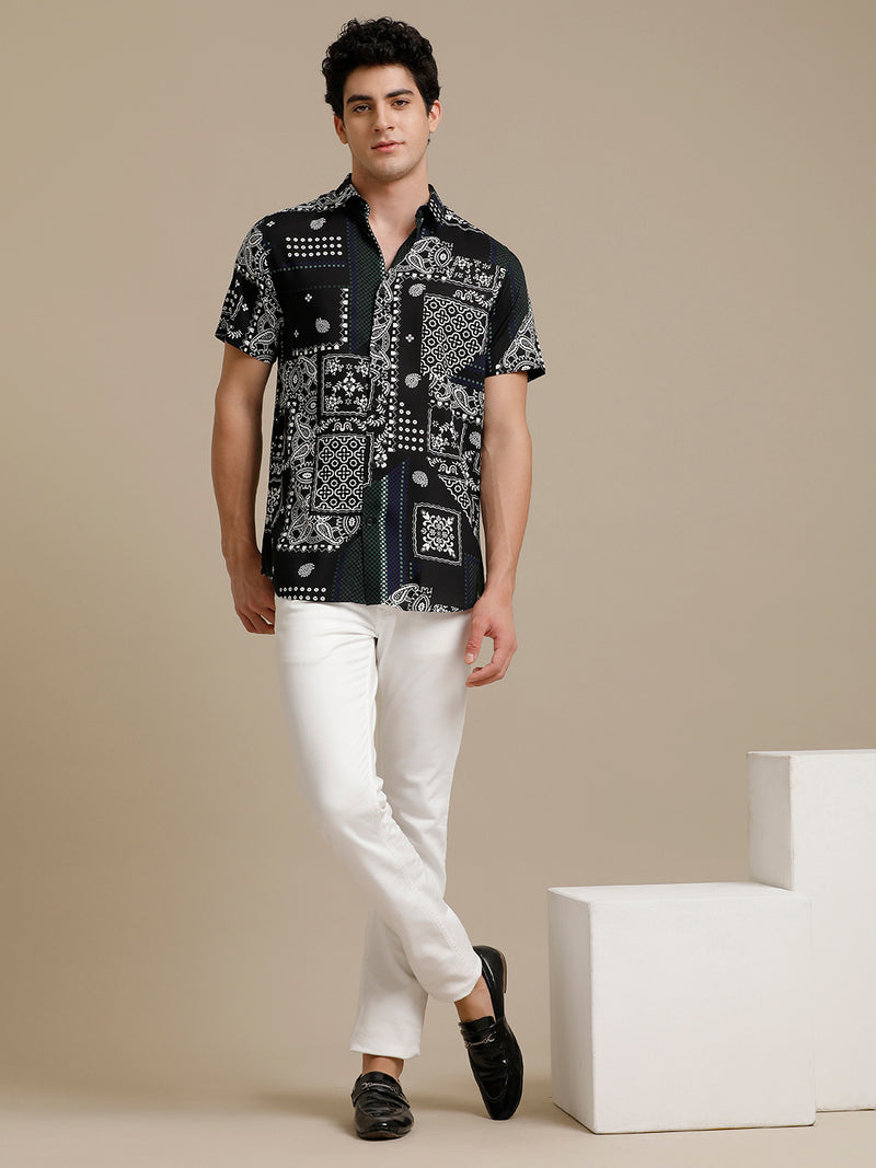White On Black Print Short Sleeve Shirt