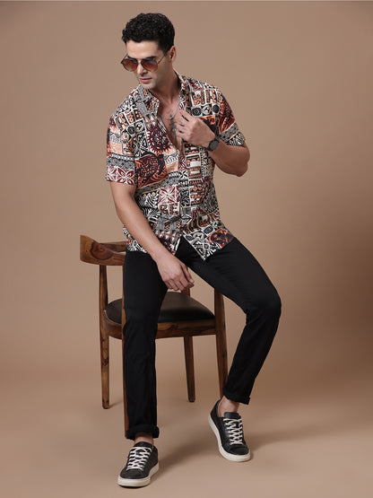 Comfort fit Printed Rust Smart casual Tencel Linen Half sleeve Shirt (VESPA)