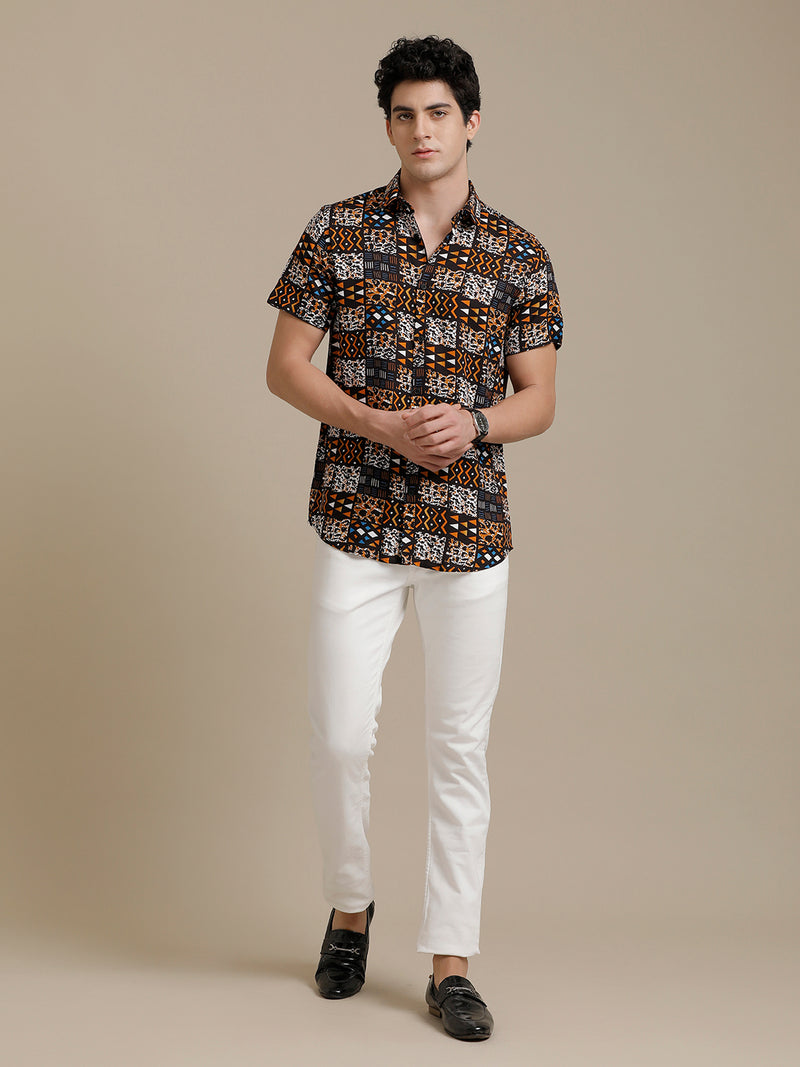 Brown Printed Checks Short Sleeve Shirt