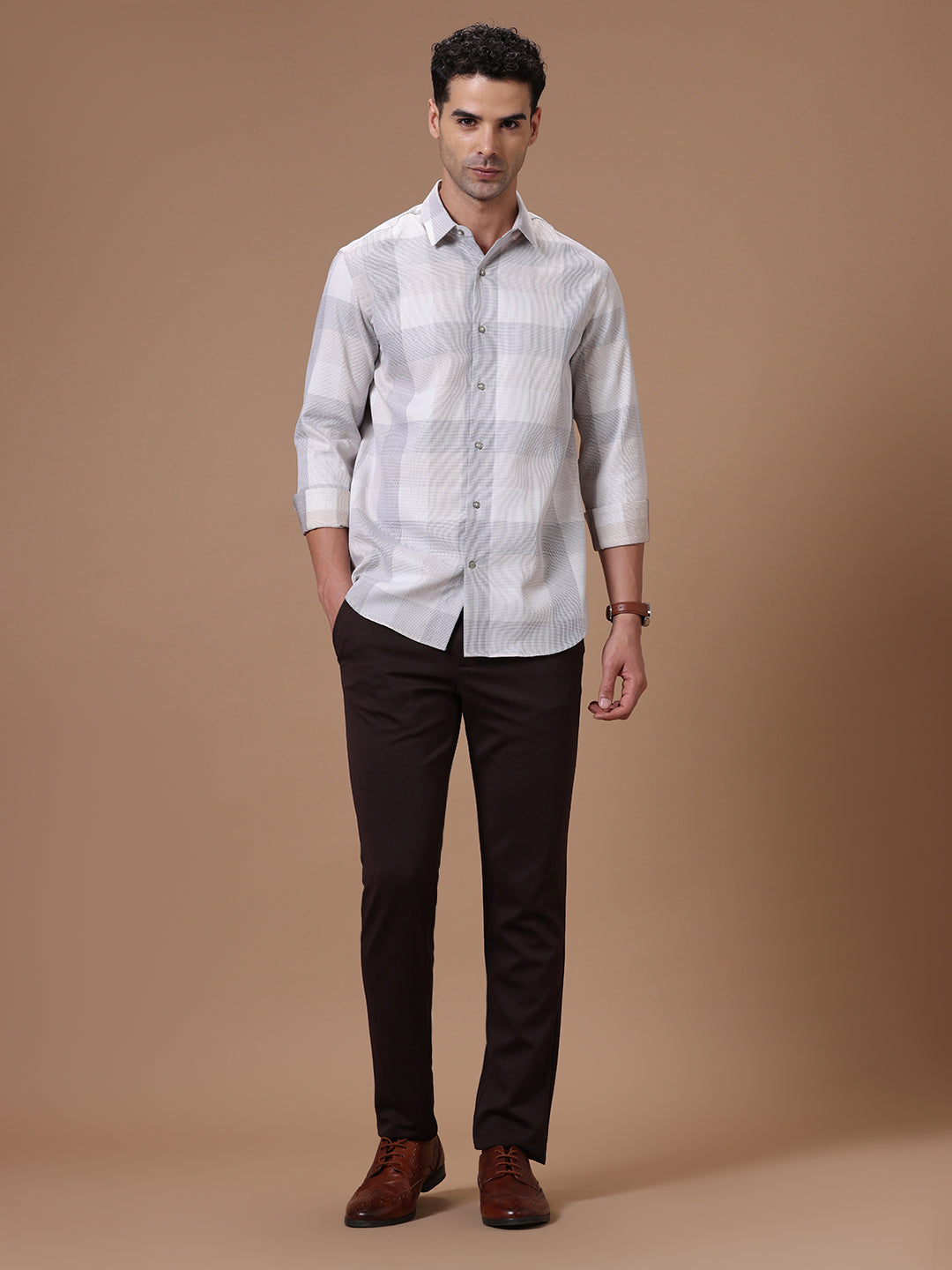 Slim Fit Check Sea Fog Smart Casual Supima Cotton Shirt (BRANT)