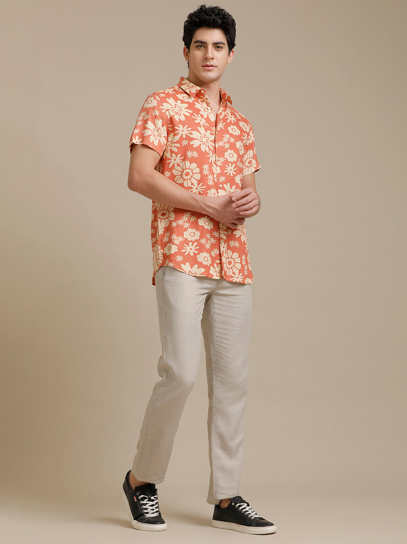 Orange Flower Print Short Sleeve Shirt
