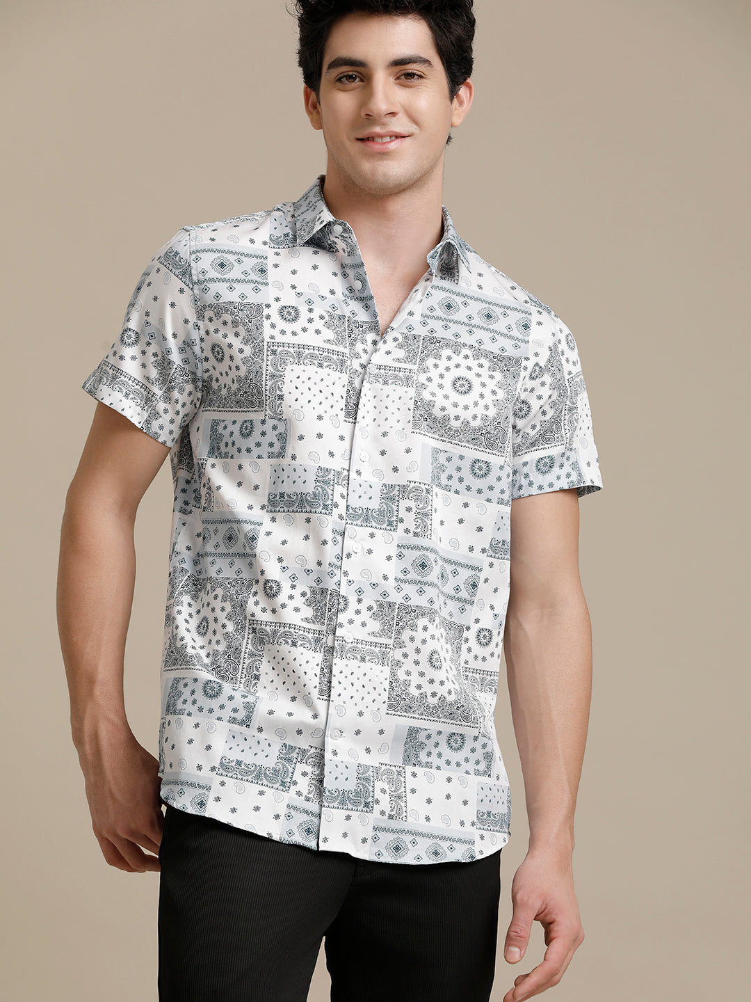 Lt. Blue White Block Print Short Sleeve Shirt