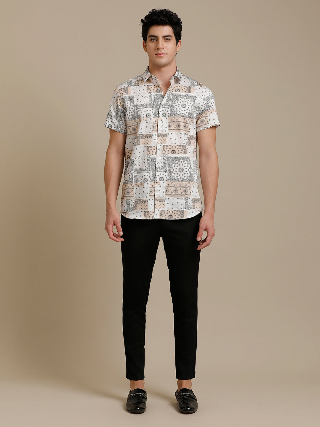 Beige White Block Print Short Sleeve Shirt