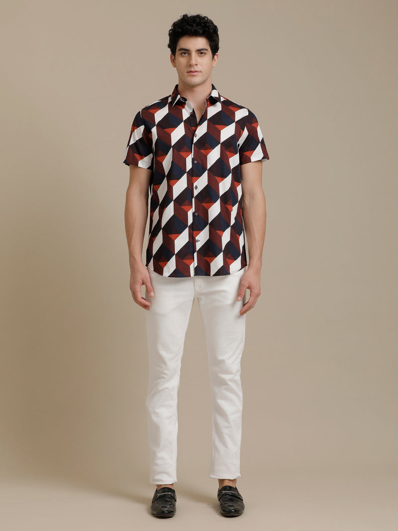 Rust Abstract Print Short Sleeve Shirt