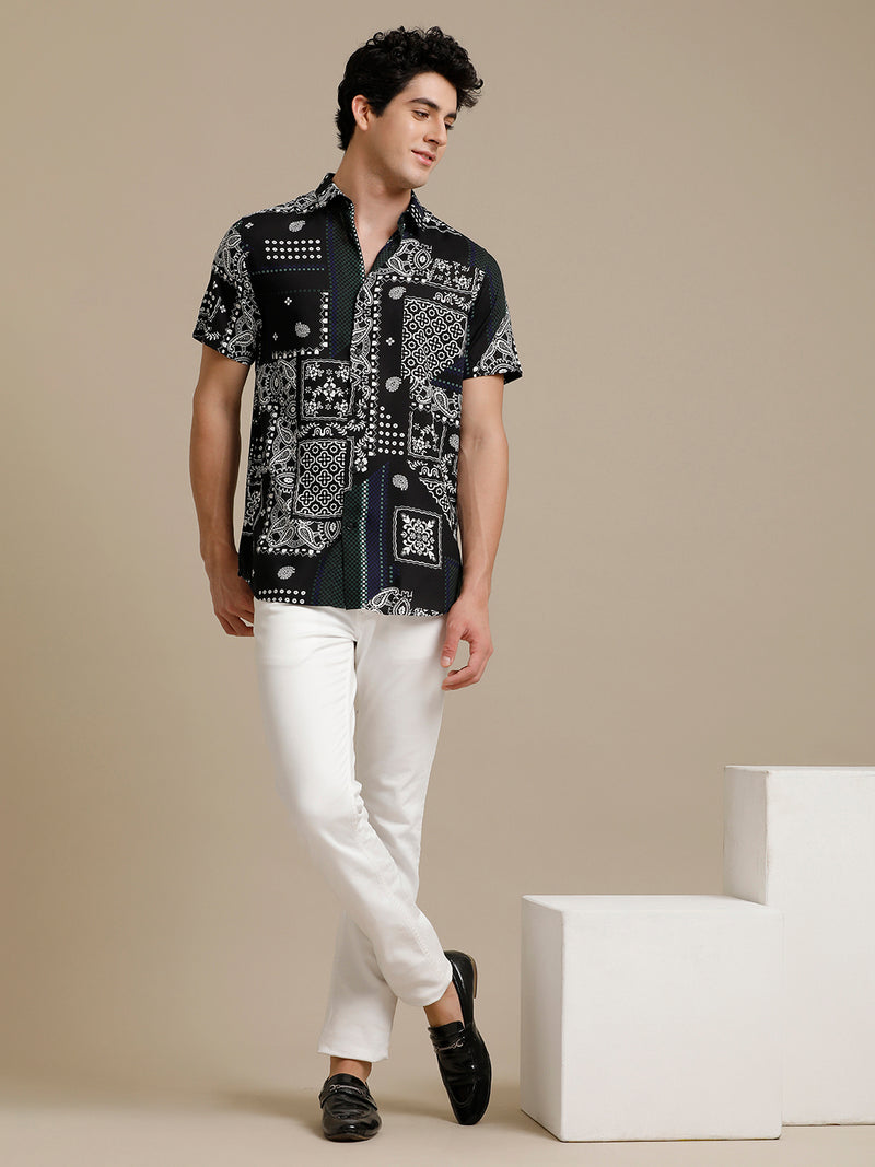 White On Black Print Short Sleeve Shirt