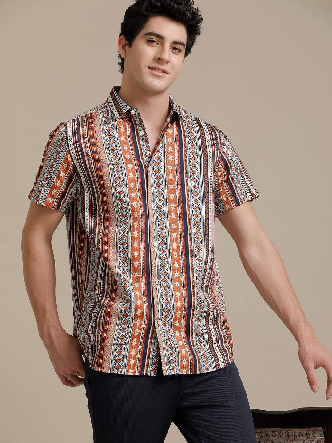 Abstract Multi Stripe Print Short Sleeve Shirt