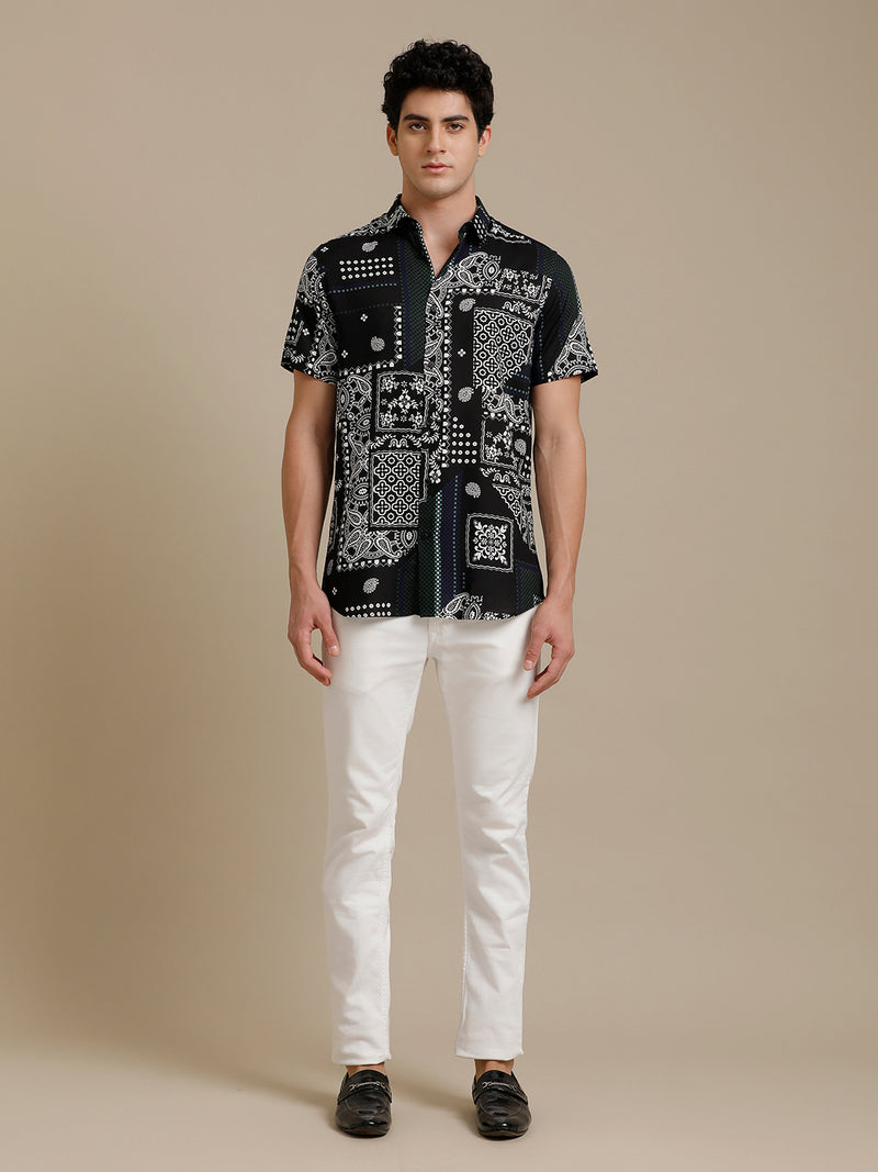 White On Black Print Short Sleeve Shirt