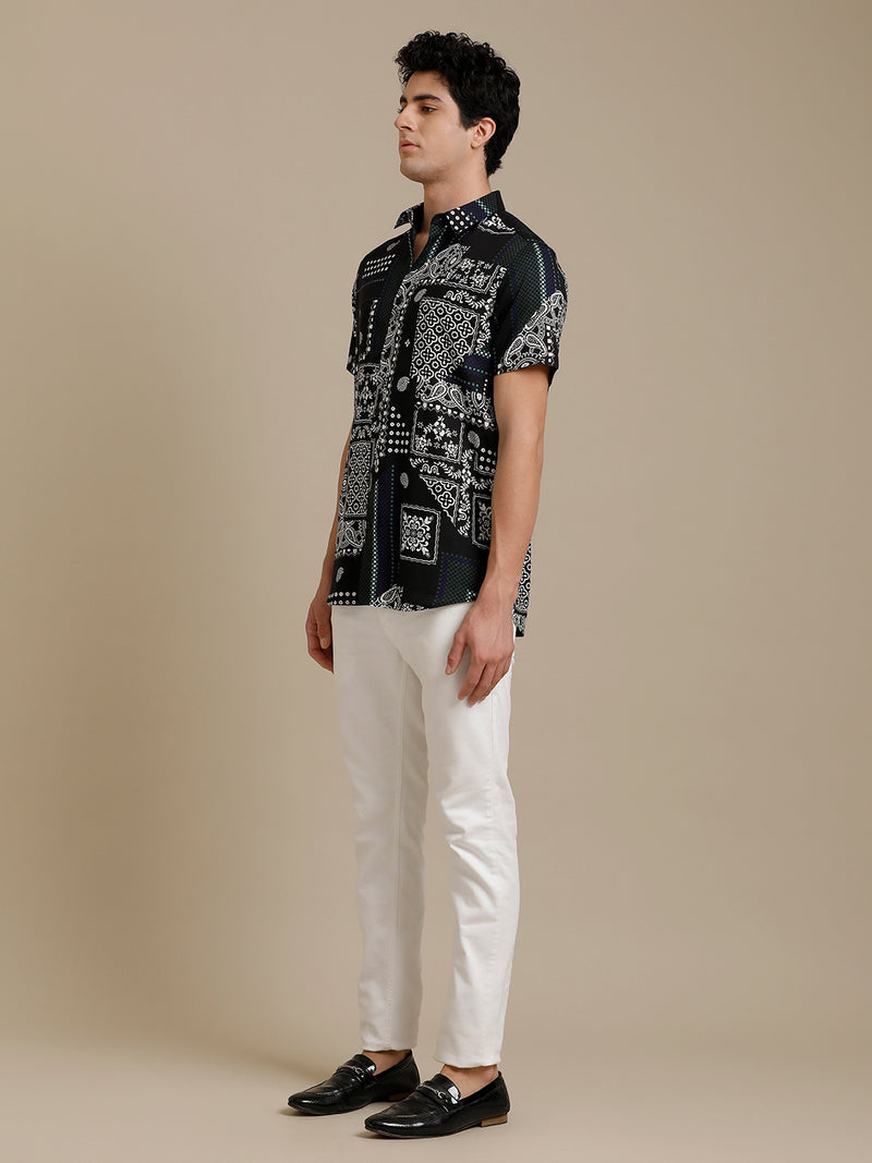 White On Black Print Short Sleeve Shirt