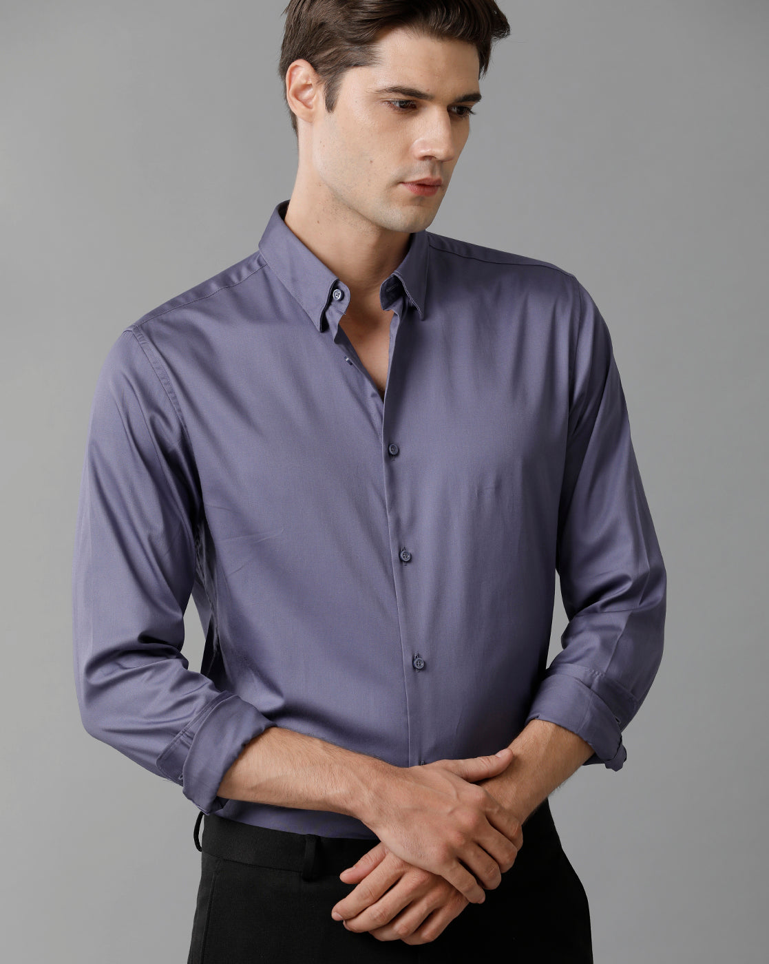 Short Collar Satin Stretch Violet Solid Shirt