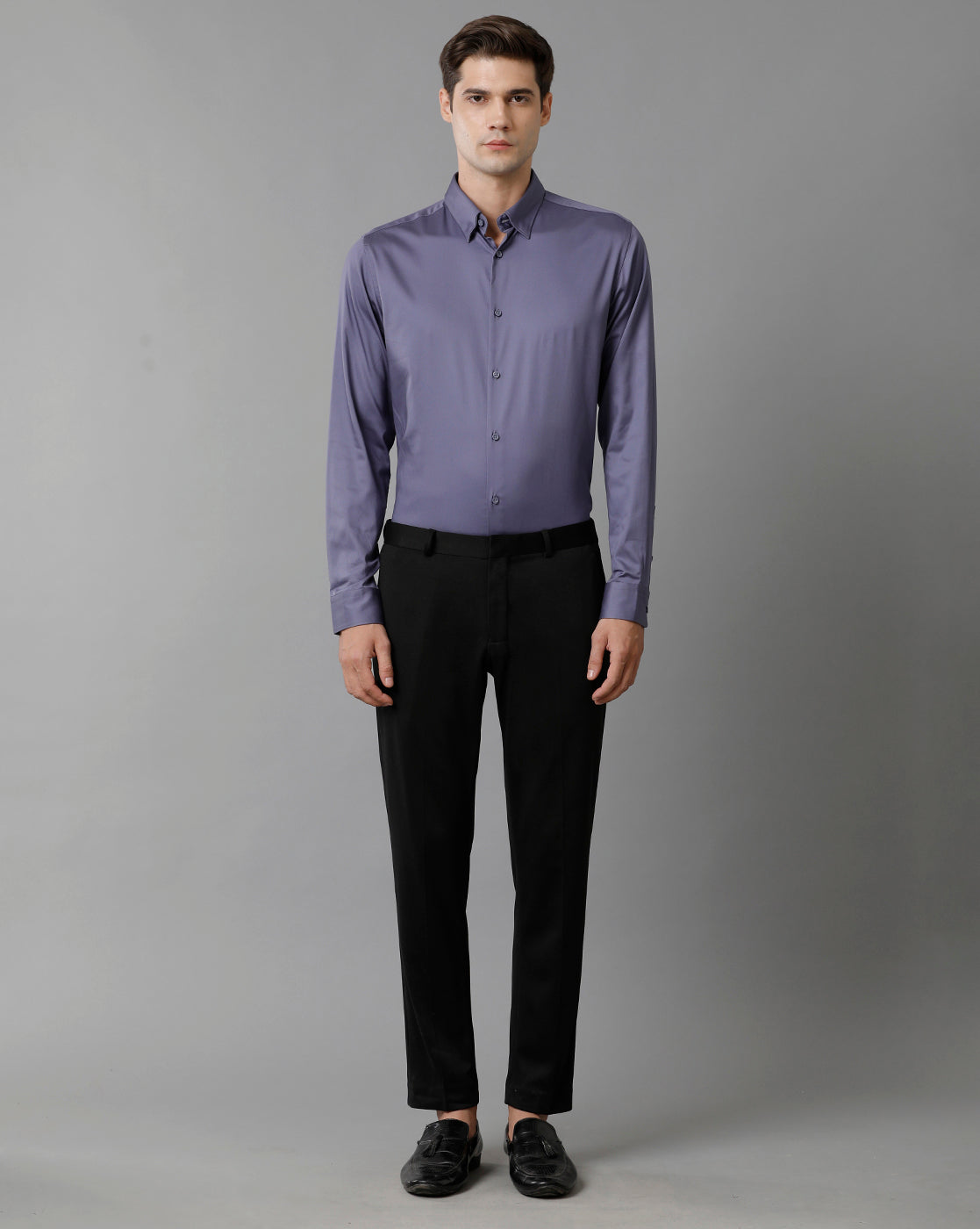 Short Collar Satin Stretch Violet Solid Shirt