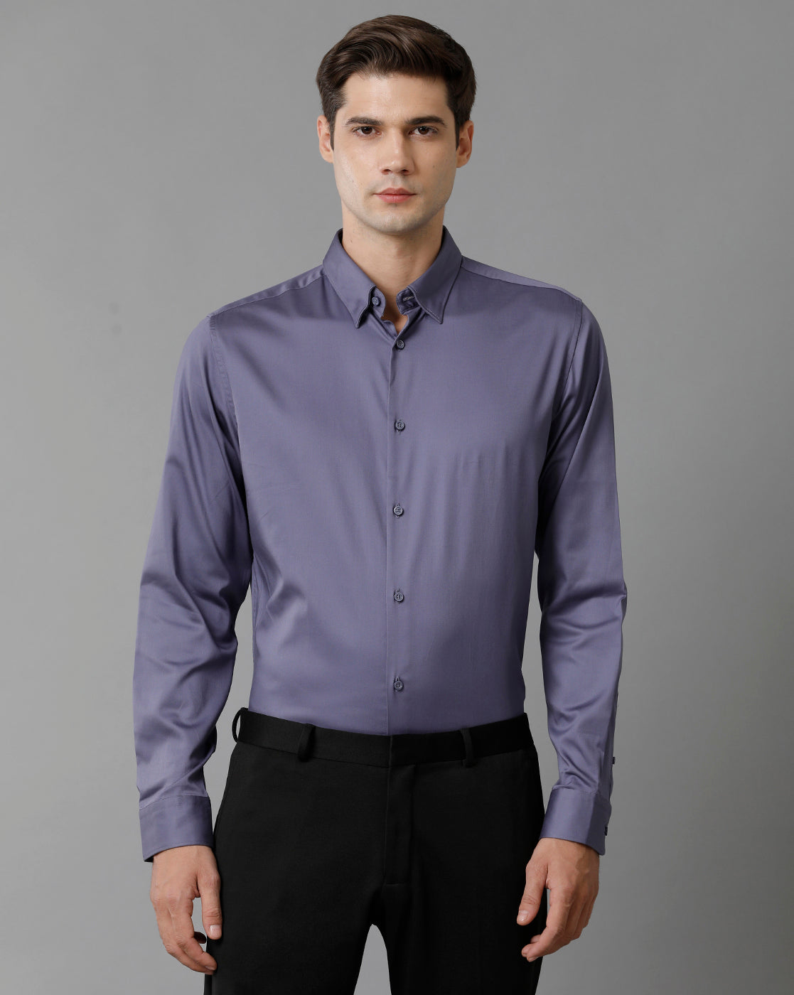 Short Collar Satin Stretch Violet Solid Shirt