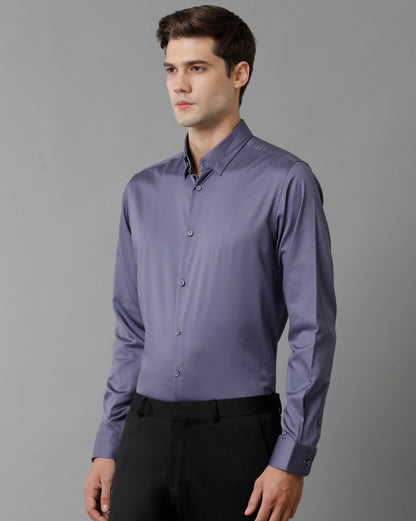 Short Collar Satin Stretch Violet Solid Shirt