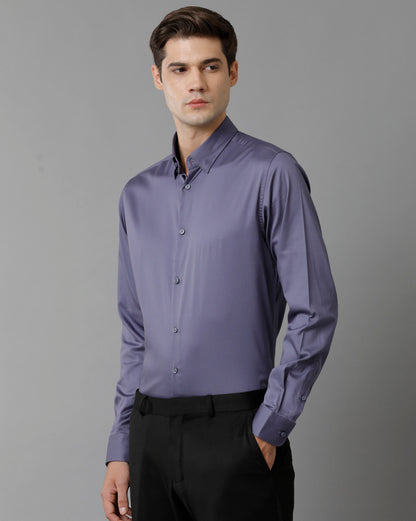 Short Collar Satin Stretch Violet Solid Shirt