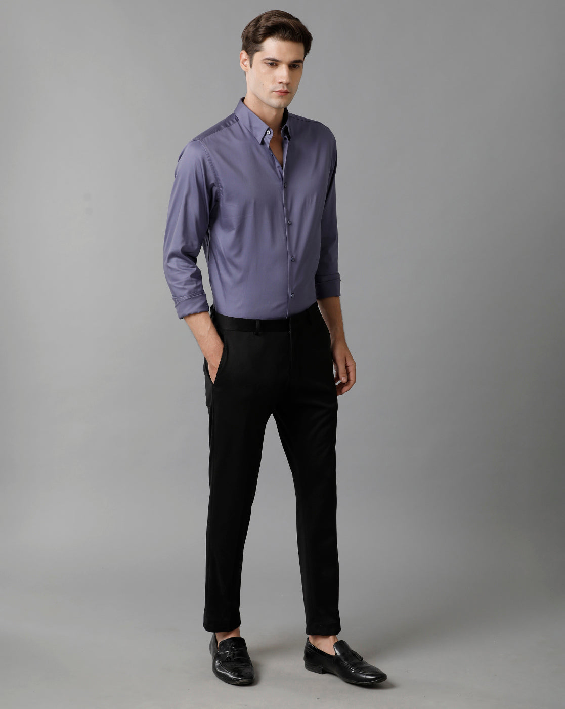 Short Collar Satin Stretch Violet Solid Shirt