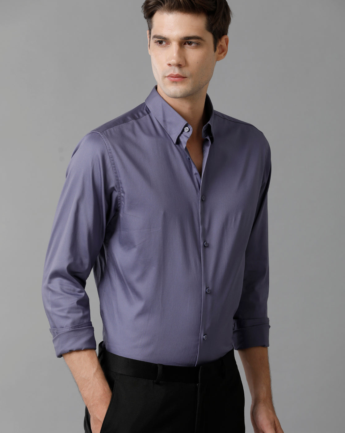 Short Collar Satin Stretch Violet Solid Shirt