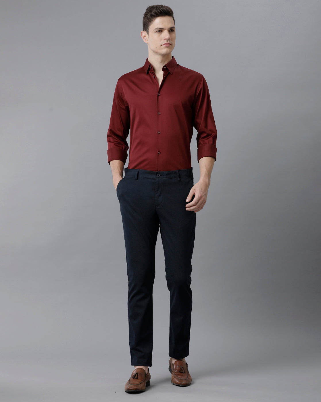 Short Collar Satin Stretch Maroon Solid Shirt