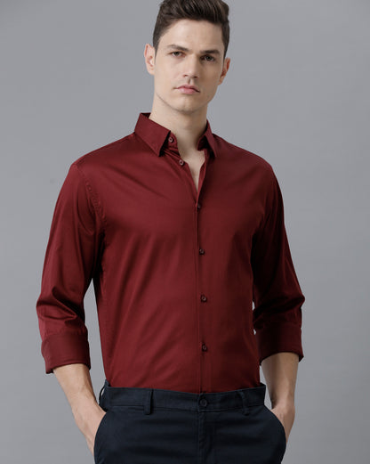 Short Collar Satin Stretch Maroon Solid Shirt