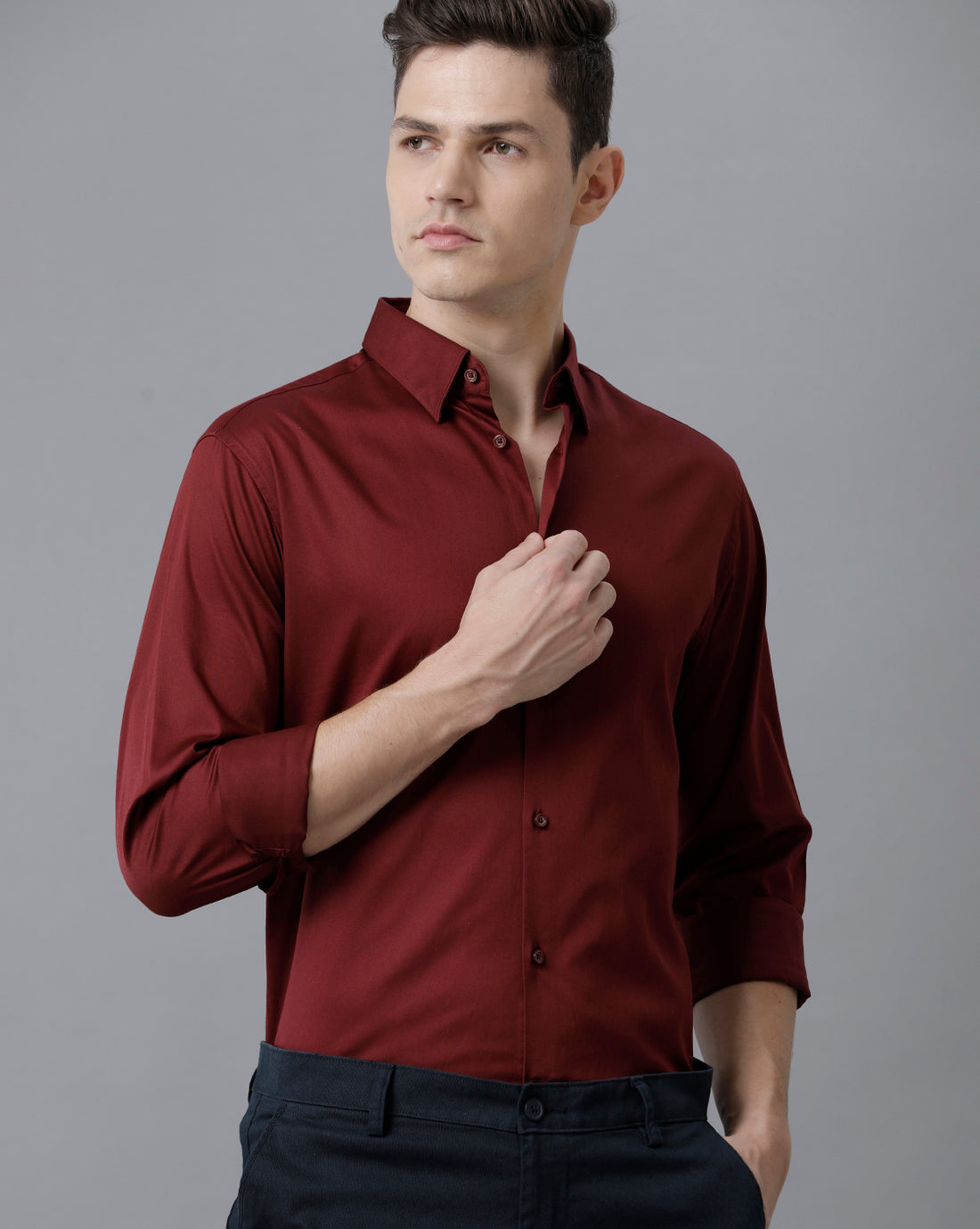 Short Collar Satin Stretch Maroon Solid Shirt