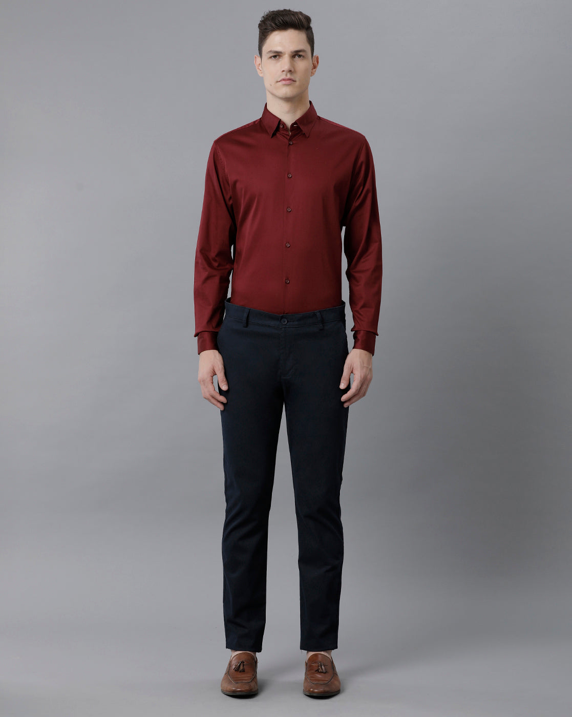 Short Collar Satin Stretch Maroon Solid Shirt