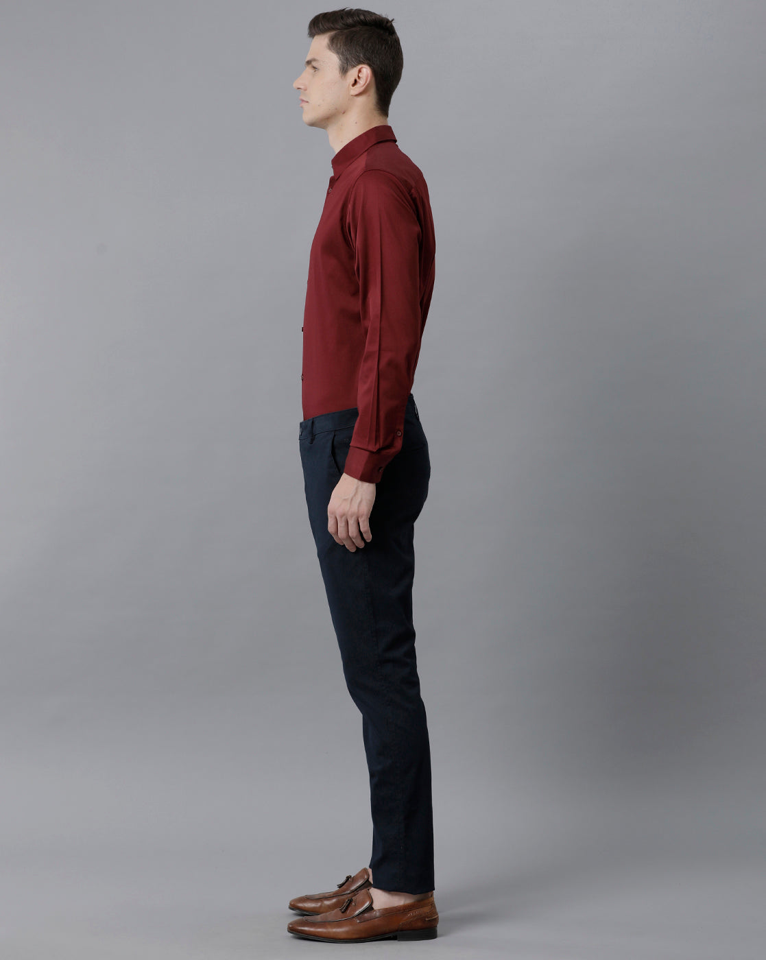 Short Collar Satin Stretch Maroon Solid Shirt