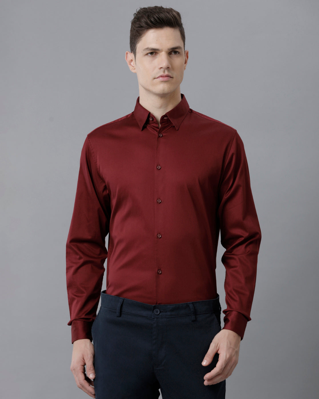 Short Collar Satin Stretch Maroon Solid Shirt