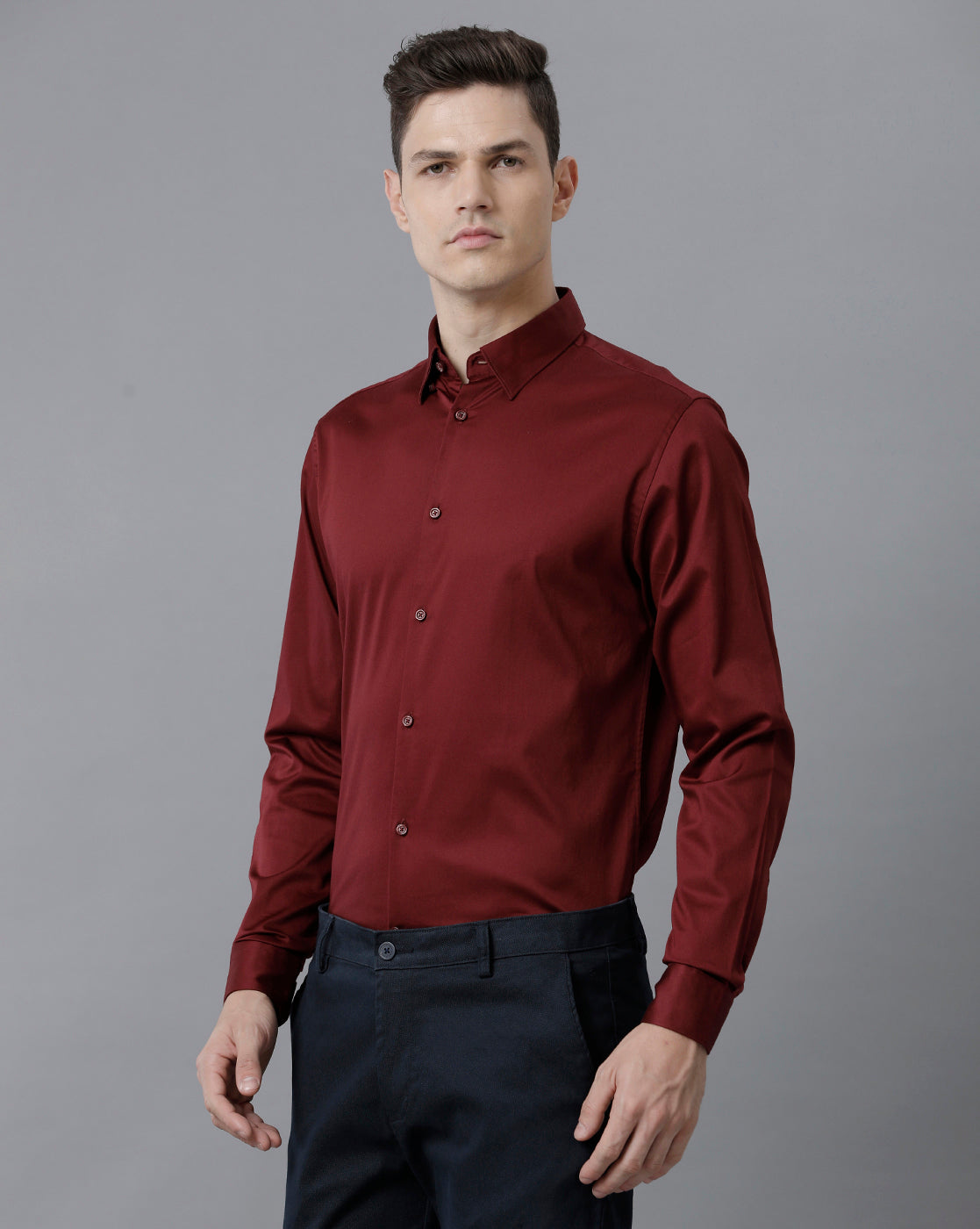 Short Collar Satin Stretch Maroon Solid Shirt