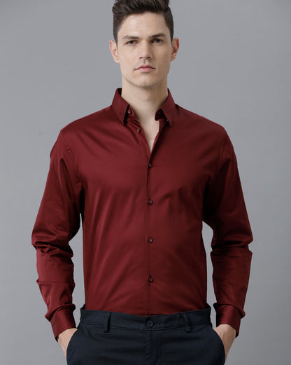 Short Collar Satin Stretch Maroon Solid Shirt