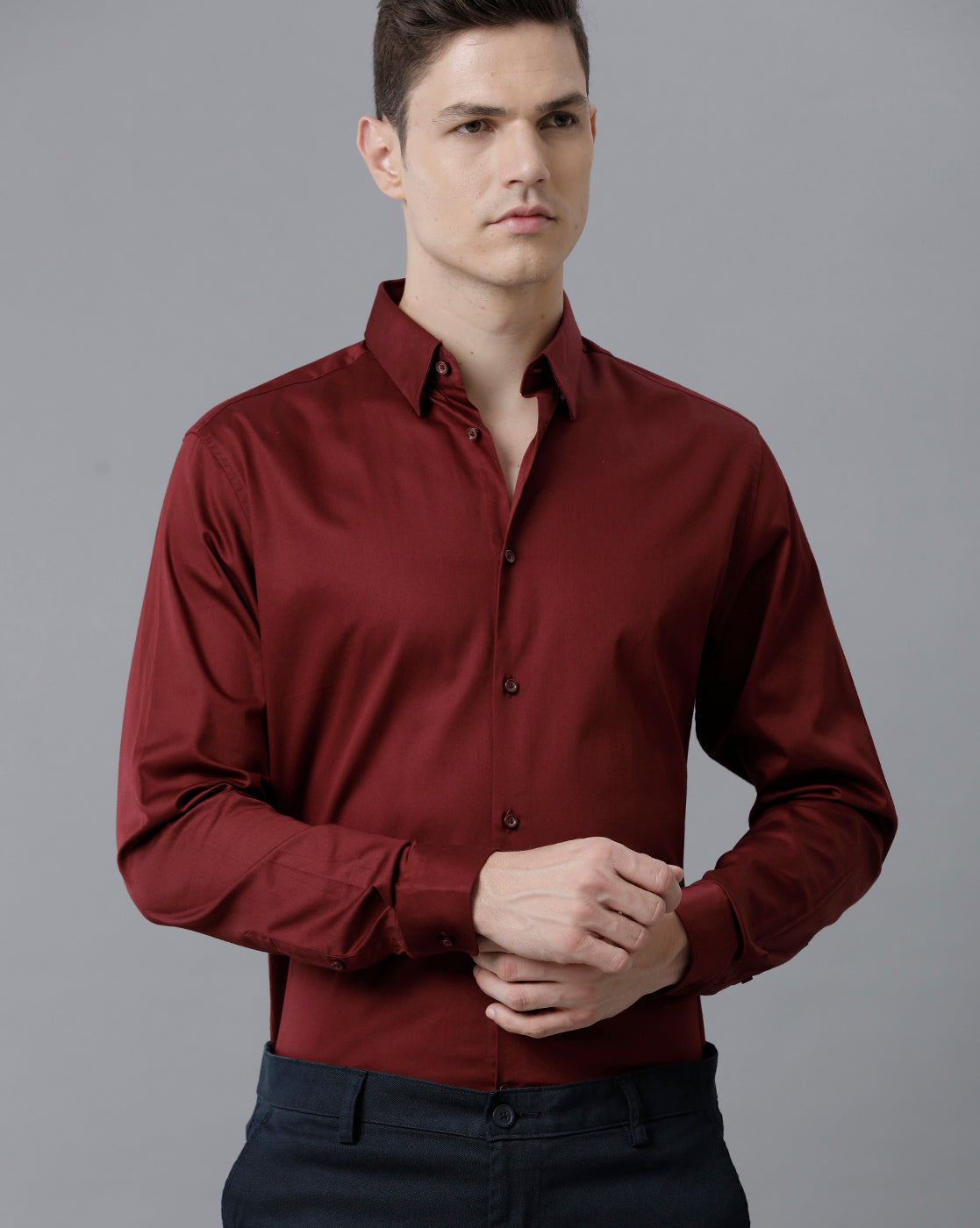 Short Collar Satin Stretch Maroon Solid Shirt